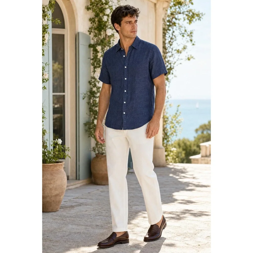 Banana Republic Slim Fit Linen Shirt Men's M Blue Short Sleeve Button Up Casual